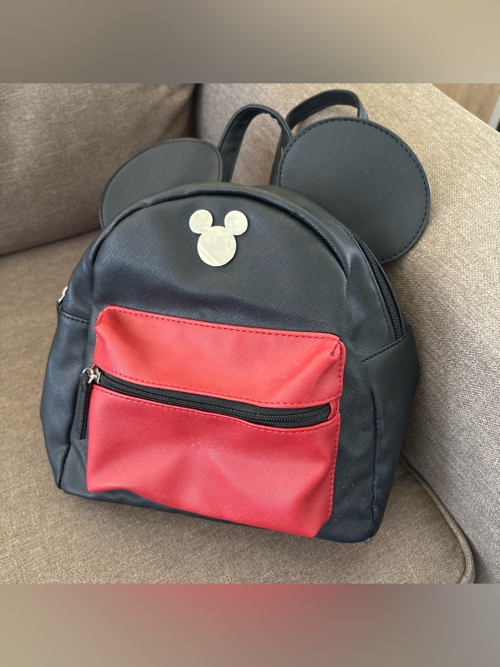 Mickey Ear Mini Backpack - Black with Red Front Pocket. 9”X10”X5”. INV25/512